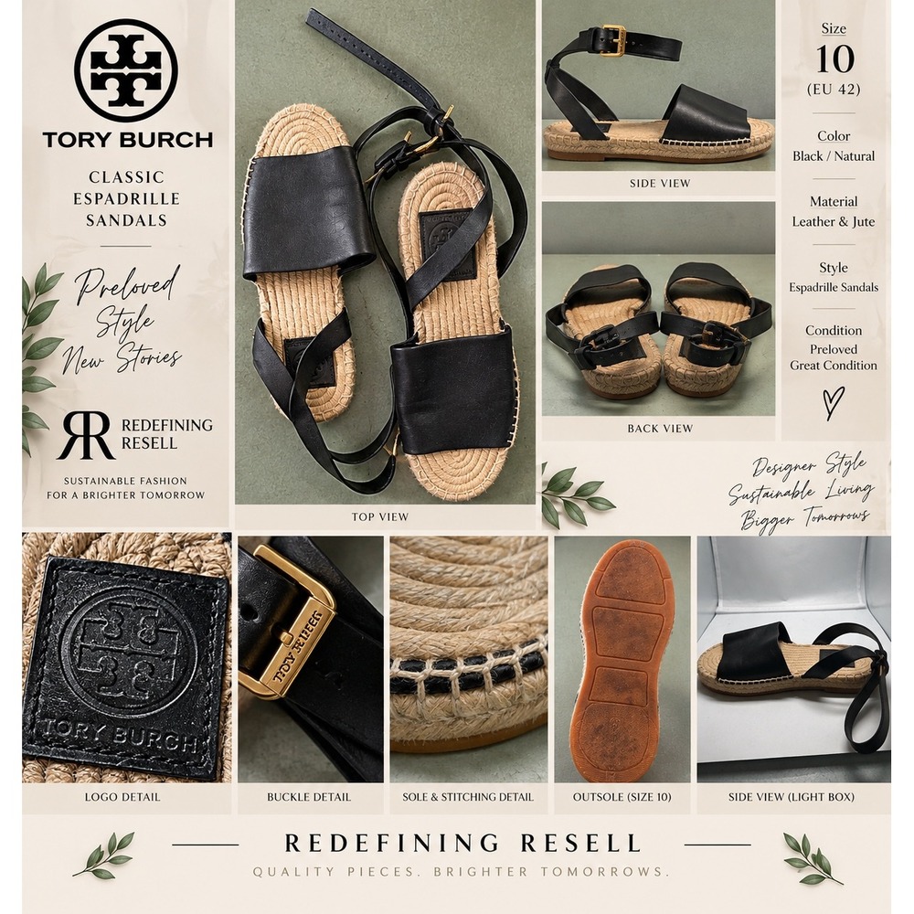 Tory Burch Black Leather Ankle Strap Espadrille Sandals Womens Size 10 EU 42